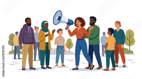 Diverse community activists protesting and shouting through a megaphone during a public demonstration flat vector illustration