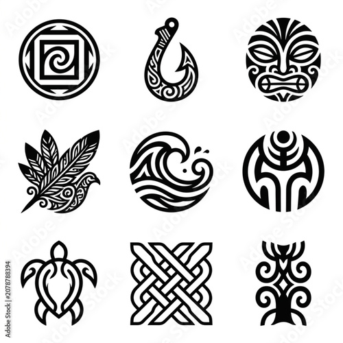Εκτύπωση καμβά Collection of Maori cultural symbols and designs.