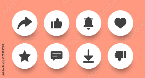 Round buttons.Button templates for web with shadow. Like, share, comment signs layout. Thumbs up and heart icon with repost and comment icons,arrow, download, subscription, message . Social media icon