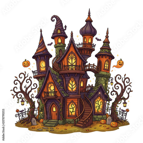 Spooky haunted house illustration with glowing windows for halloween celebration