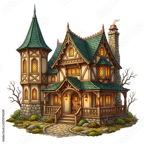 Beautiful fantasy cottage with a green roof and tower in a magical forest setting