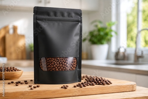 Blank Black Matte Stand-up Pouch Mockup with Window for Coffee Beans on Wooden Board in a Modern Bright Kitchen, Packaging Template for Food Branding and Product Presentation.