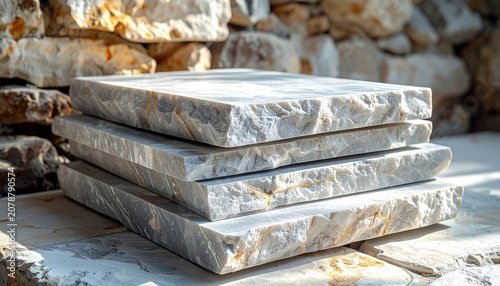 Stack of smooth, pale grey granite slabs displaying natural mineral textures