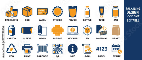 Obraz na plátně Comprehensive packaging design and branding icon set for logistics