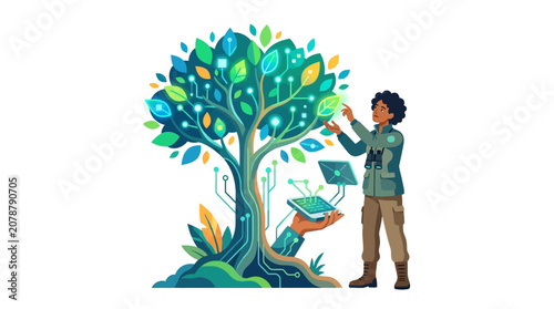 Black female scientist analyzing digital ecosystem data from a glowing cybernetic tree flat vector illustration.