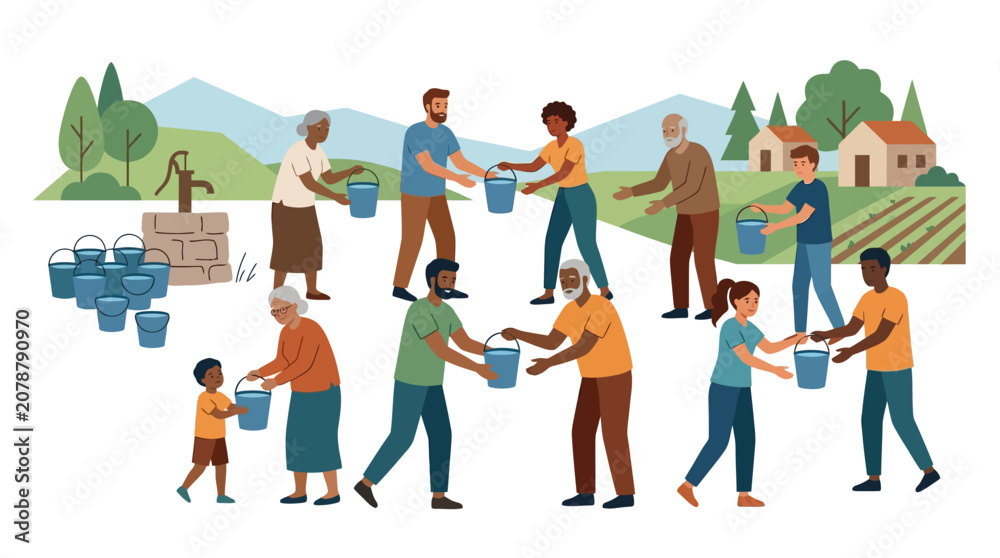 Obraz premium Diverse community passing water buckets in a human chain to support rural development flat design vector illustration.
