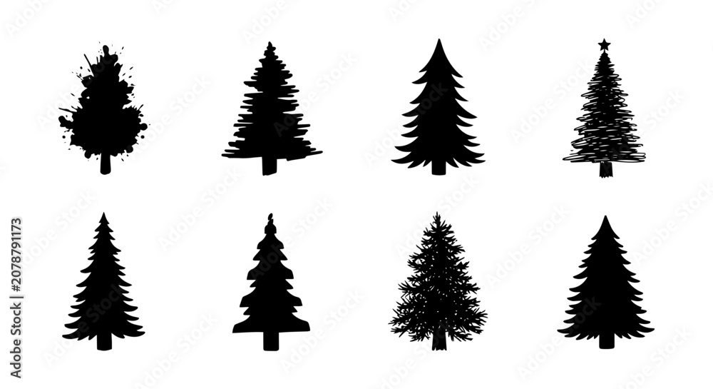 Obraz premium Set of 8 Black Silhouette Christmas Trees, Festive Evergreen Vector Icons for Holiday Design