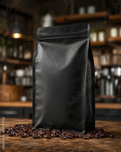 Vertical Matte Black Coffee Bag Mockup on Rustic Wood Table with Roasted Beans, Flat Bottom Gusseted Packaging Template in a Moody Blurred Cafe Interior for Branding Presentation.