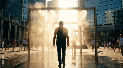 Public water misting cooling station in modern city square during summer heatwave.
