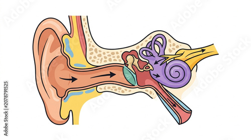 Photos Detailed diagram of the human ear anatomy and auditory system.