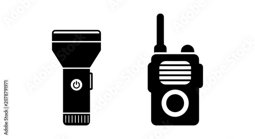 Schilderij op canvas Black Silhouette Flashlight and Walkie Talkie Vector Icons, Communication and Sa