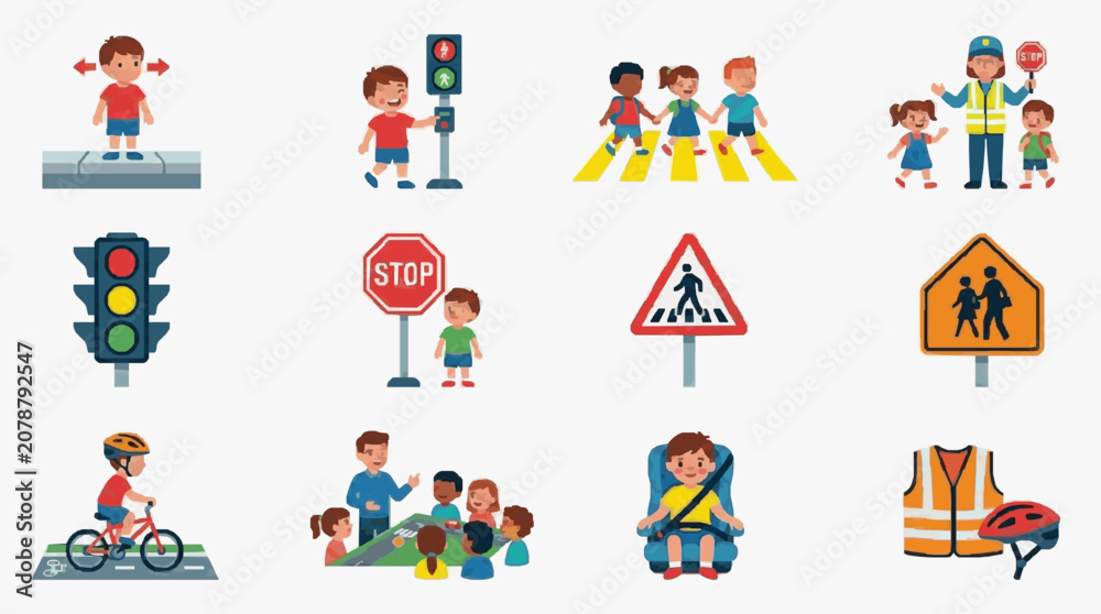 Fototapeta premium Children Crossing Streets with Traffic Signs.