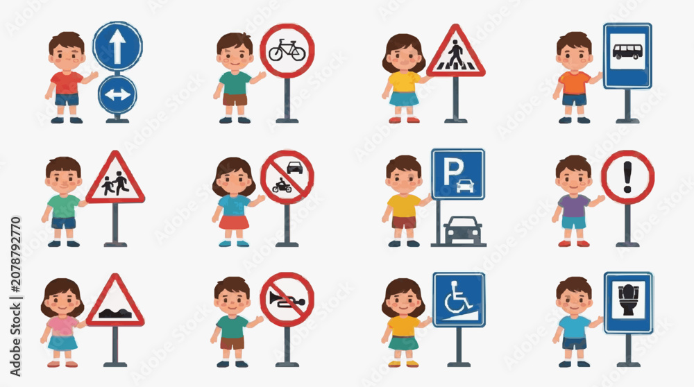 Fototapeta premium Children Holding Traffic Road Signs Illustrations.