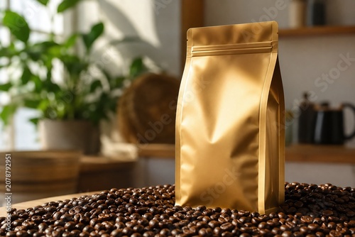 Blank Golden Foil Coffee Bag Mockup Standing on Roasted Beans in a Bright Sunny Kitchen, Metallic Packaging Pouch for Food Branding and Product Presentation, Modern Home Interior.