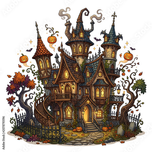 Spooky haunted house with glowing windows and floating pumpkins for halloween celebration