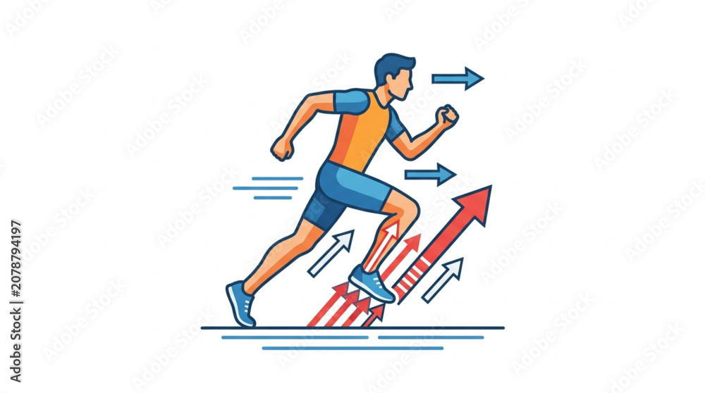 Fototapeta premium Man running forward with arrows indicating speed and progress.