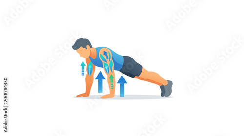 Foto Man performing a push up exercise with upward motion arrows indicating muscle engagement