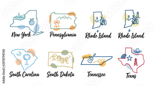 Modern us state map icons featuring regional landmarks and symbols