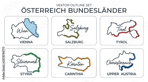 Austrian federal states map outlines with regional labels and colors