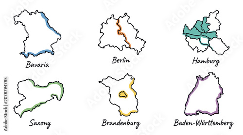 German federal state map outlines with hand drawn sketchy style