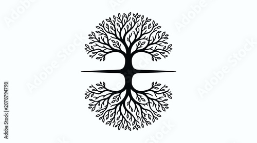 Minimalist tree of life icon with symmetrical roots and branches
