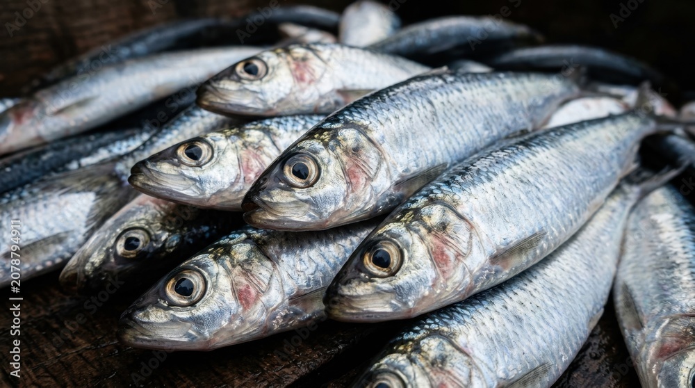 Obraz premium A close-up view of a pile of fresh, silver sardines, showcasing their detailed scales and eyes, perfect for culinary inspiration.