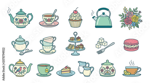 Vintage afternoon tea set with floral teapots and sweet pastries