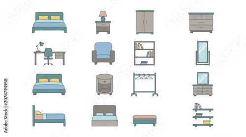 Modern home furniture set including bed desk wardrobe and armchair