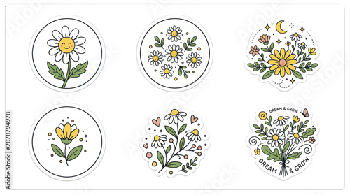 Cute daisy flower sticker set with botanical bouquets and hearts