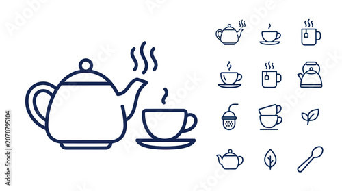 Tea and coffee line icons featuring teapot cup and kettle