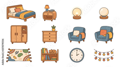 Cozy home interior furniture and decor collection icons set