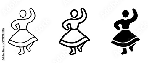 3 Dancing Figures icon set, outline and silhouette, for cultural performance