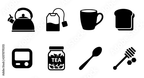 Tableau sur toile Breakfast and Tea Time Silhouette Icons for Morning Routine, 8 Pieces
