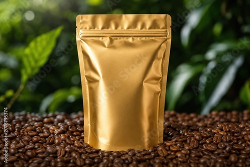 Blank Golden Foil Stand-up Pouch Mockup on Roasted Coffee Beans with Blurred Green Plantation Background, Premium Metallic Packaging Template for Food Branding and Organic Promotion.
