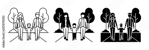 Family walking in park icon set, outline and silhouette, for outdoor leisure and lifestyle concepts