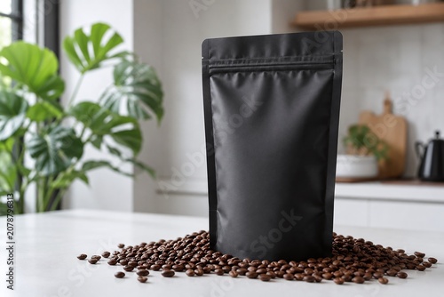 Matte Black Coffee Bag Mockup on White Kitchen Counter with Roasted Beans, Modern Interior Background with Monstera Plant, Blank Stand-up Pouch for Food Packaging Branding Presentation.