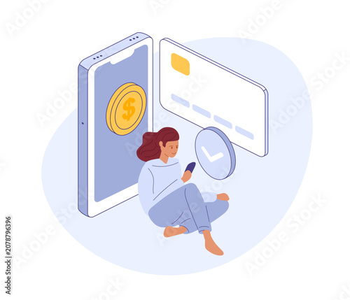 Online payment or shopping. Girl in cozy clothes sitting on floor transferring money. Great for fintech, e-commerce, banking app.