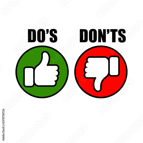 Dos and donts concept icons with thumbs up and thumbs down symbols for guidelines