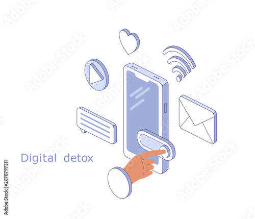 Human hand turning off phone. Rejecting social media. Isometric vector illustration for digital detox. Mindfulness blog