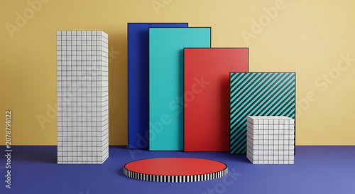 Geometric shapes and platforms with grid and stripe patterns against a colorful backdrop