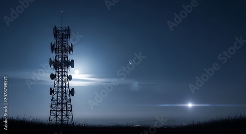 Nighttime Communication Tower with Bright Moon and Stars.