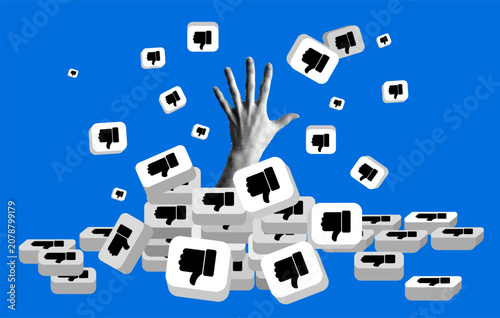 Halftone hand drowns in dislike buttons. Concept of cyberbullying. Social media addiction. Hate on social media. Impact of negative reactions on a person. Modern collage