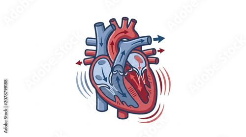 Tableau sur toile Anatomical illustration of a beating human heart with blood flow.