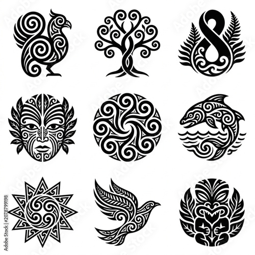 Collection of Maori inspired tribal art symbols and designs.