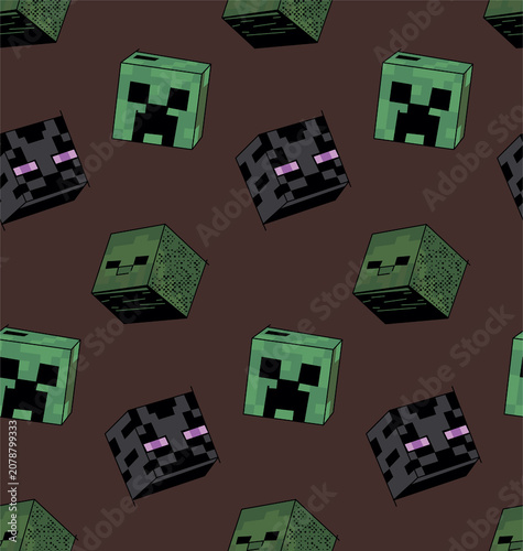 Pixelated creature heads in a repeating pattern on a dark brown background