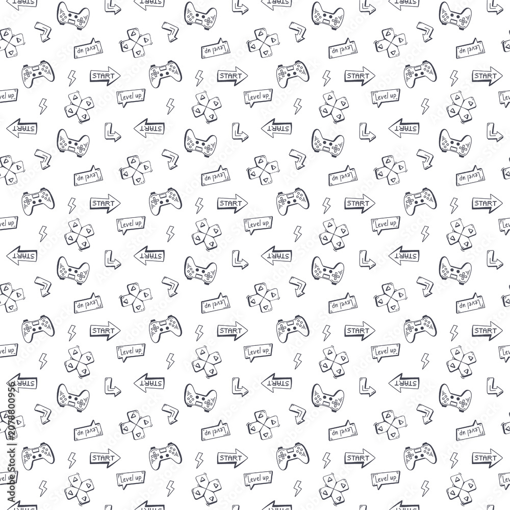 Fototapeta premium Retro video game controllers and directional arrows in a playful doodle pattern on white background