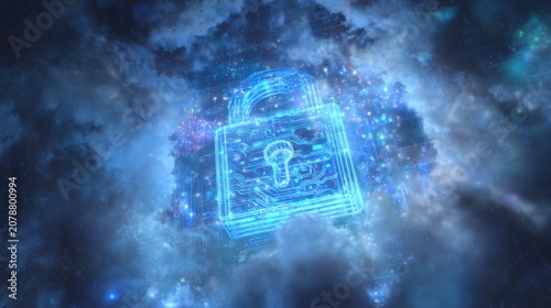 Floating transparent padlock with animated electronic circuits and blue holographic glow, cloud security and privacy concept, premium futuristic