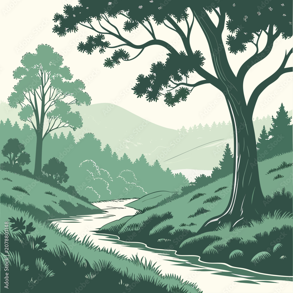 Fototapeta premium A scenic of a winding river flowing through a lush green valley with rolling hills and forest trees under a soft clear sky view