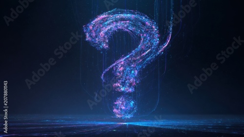 Large holographic question mark constructed from floating light particles and thin laser lines, dark futuristic background, curiosity and AI search