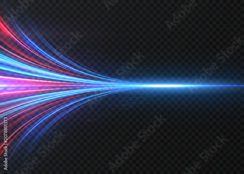 Fotografie Abstract glowing background with converging curved rays, colorful light magnification and optical motion lines on a dark background